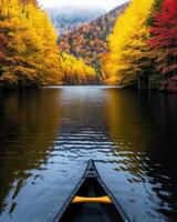 Serene autumn landscape with colorful foliage and a canoe on a tranquil lake photo