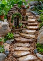 Enchanting miniature fairy garden with stone pathway photo