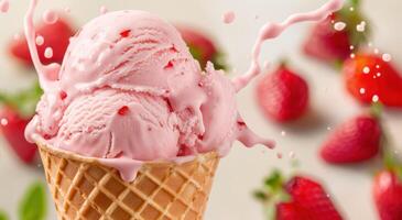 Delicious strawberry ice cream in a waffle cone photo
