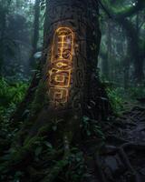 Glowing ancient symbols on tree trunk in dark forest photo