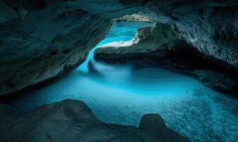 Mesmerizing ice cave with glowing blue waters photo