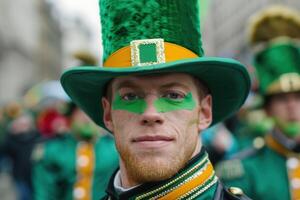 Festive irish man with green hat and face paint photo
