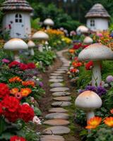 Whimsical fairy garden path with mushroom houses and vibrant flowers photo