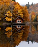 Cozy cabin in the woods during autumn photo