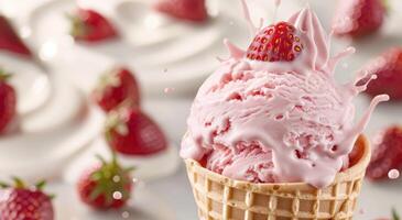 Delicious strawberry ice cream in a waffle cone photo