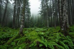 Lush green forest with ferns and moss covered trees photo