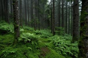 Lush green forest with ferns and moss covered trees photo
