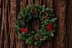 Festive Christmas wreath with pine branches, pine cones, and red poinsettia flowers photo