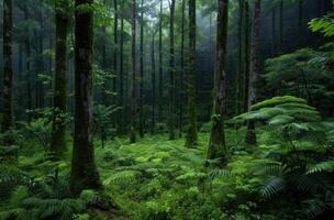 lush green forest with towering trees and ferns photo