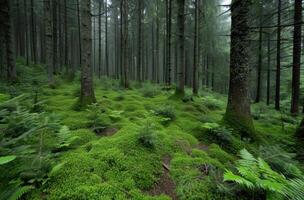 Lush green forest with moss covered trees photo