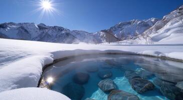 Serene winter landscape with hot spring pool photo