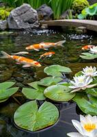 Serene koi pond with lily pads and flowers photo