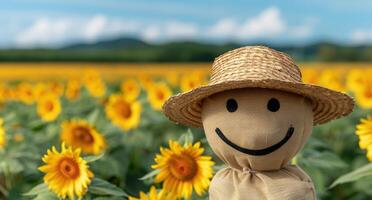 Smiling scarecrow in sunflower field photo