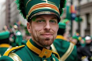 Smiling man in green military uniform with feathered hat photo