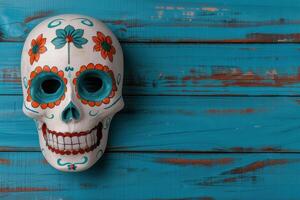 colorful day of the dead skull on wooden background photo