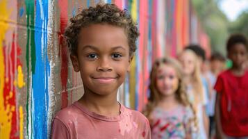 smiling child in front of colorful wall photo