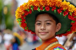 smiling child in colorful flower crown photo