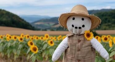 Scarecrow in sunflower field with mountains in background photo