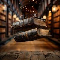 Magical book stack in library photo