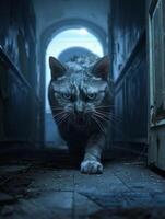 Menacing cat in dark hallway photo