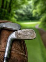 Close up of golf clubs on a blurred nature background photo