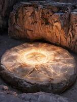 Glowing mystical stone in dark cave photo