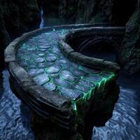 Glowing mystical stone pathway in dark forest photo