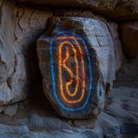 Mysterious glowing symbol on ancient stone photo