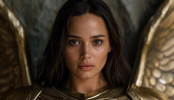 Intense gaze of a young woman with dark hair photo