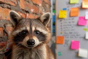 Curious raccoon peeking out from behind a brick wall photo