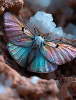 Vibrant moth with iridescent wings perched on crystals photo