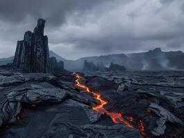 Dramatic volcanic landscape with towering rock formations and glowing lava flow photo