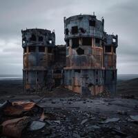 abandonado y arruinado industrial estructuras en un solitario paisaje foto