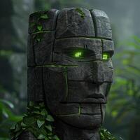 Mysterious stone face in the forest photo
