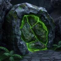 Glowing moss covered rock in dark cave photo
