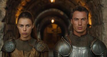 medieval warriors standing in dimly lit tunnel photo