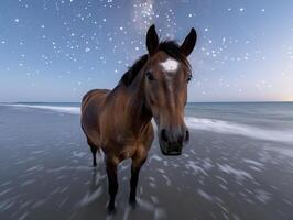 horse standing in waves on beach with snow falling photo