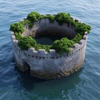 Lush green castle surrounded by calm water photo