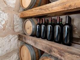 Assortment of wine bottles and oak barrels in a rustic cellar photo