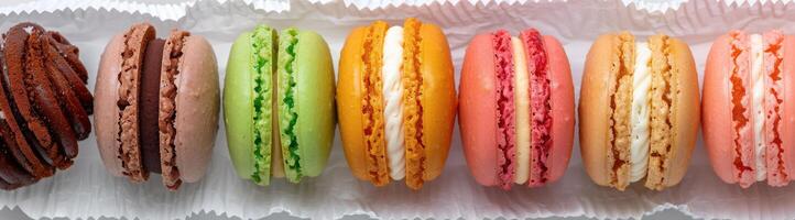Assortment of colorful macarons on display photo