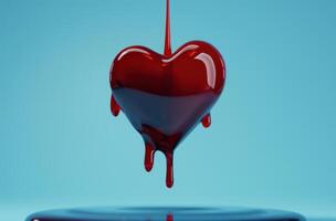 Dripping red heart shape on blue background photo