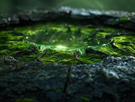 Enchanting Moss Covered Landscape with Glowing Droplets photo