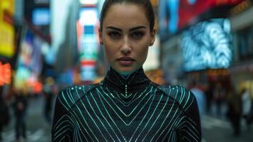 Futuristic woman in neon outfit photo