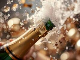 Champagne bottle popping with splashing bubbles photo