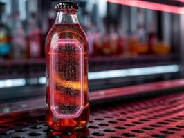Illuminated beverage bottle on metallic surface photo