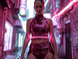 Futuristic woman in cyberpunk city photo