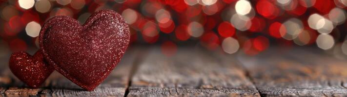 glittering red hearts on wooden background photo