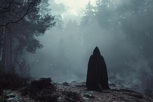 Mysterious hooded figure in dark forest photo