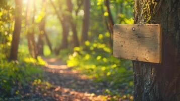 Peaceful forest path with wooden sign photo