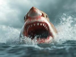 Ferocious shark with open mouth emerging from the water photo